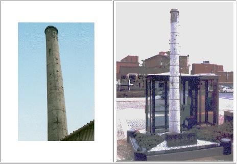 「空襲の襲撃により傷跡を残す煙突」と「平和祈念碑」の写真