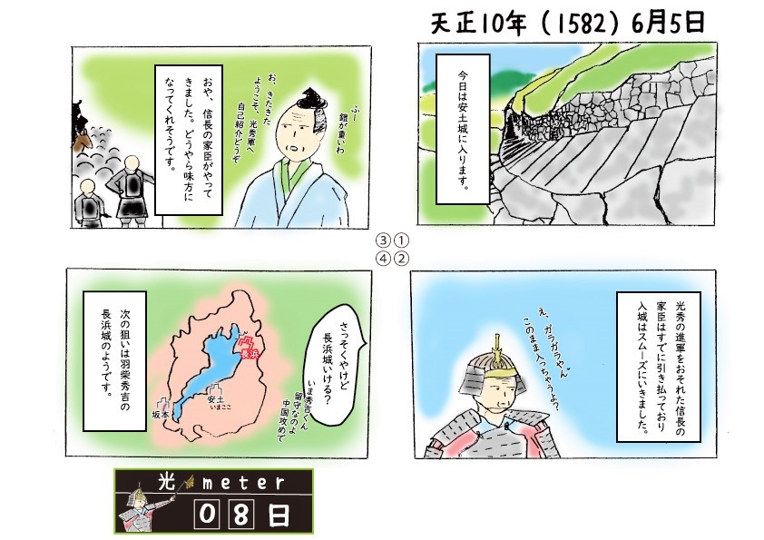 天正10年（1582）6月5日の四コマ漫画の画像