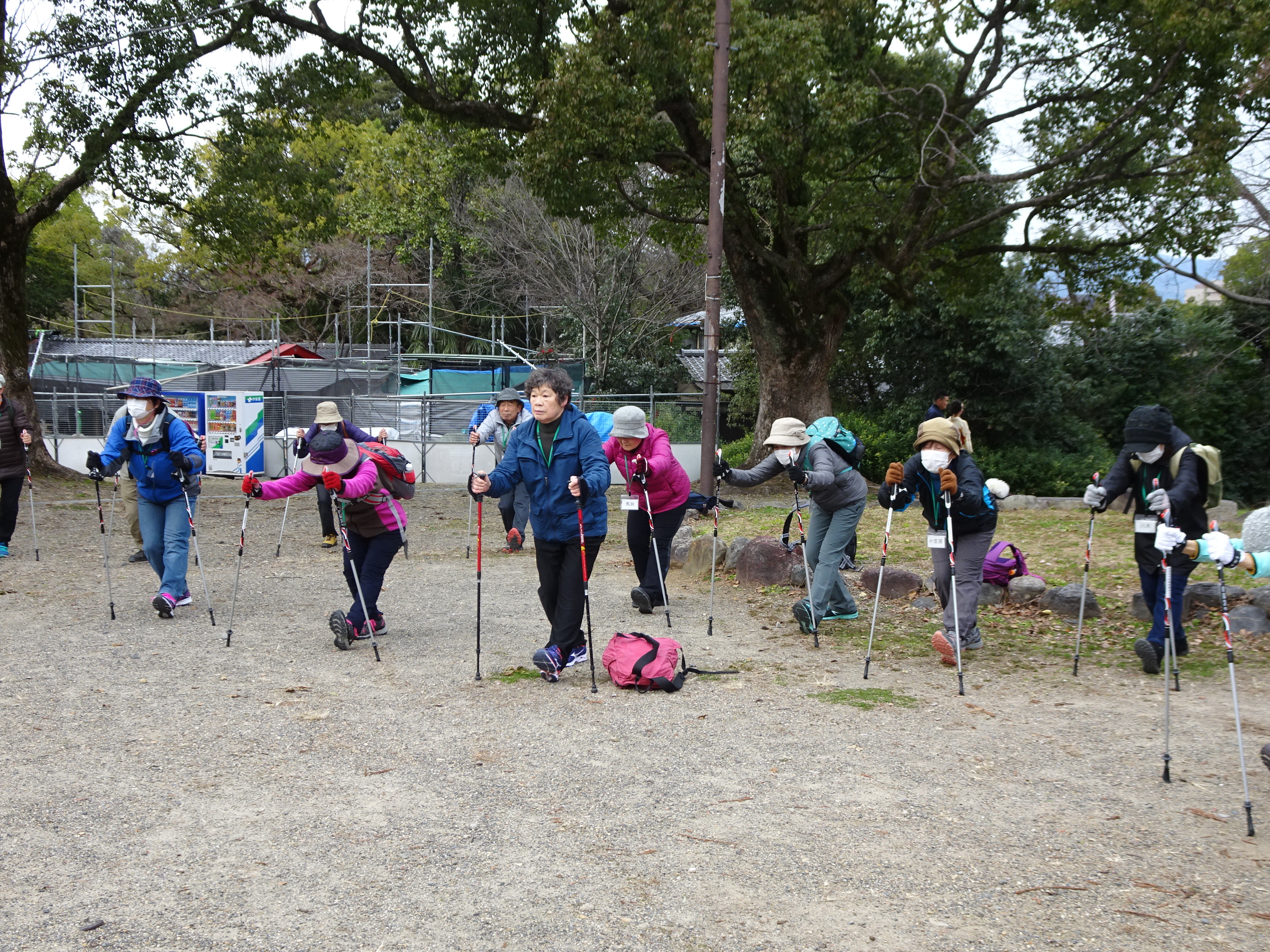 円山公園に到着し、ポールを使ってストレッチする参加者