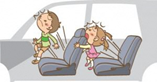衝突の衝撃でシートベルトをしていない幼児が車内でぶつかっているイラスト