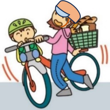 幼児1人を乗せ、後ろにたくさんの荷物を載せている自転車のスタンドを立てるときバランスを崩しているイラスト