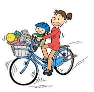 幼児1人を乗せた自転車の前かごに荷物をたくさん載せすぎてバランスを崩しているイラスト