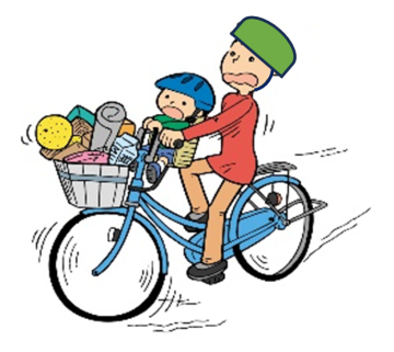 幼児1人を乗せた自転車の前かごに荷物をたくさん載せすぎてバランスを崩しているイラスト