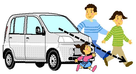 車のすぐ前を歩いている幼児がドライバーの死角に入っているイラスト