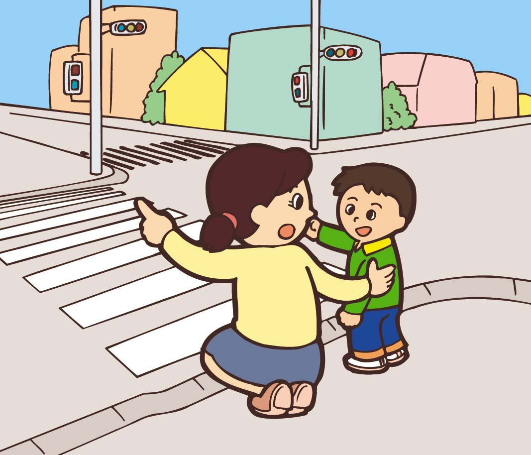 信号交差点で子どもに信号の色の意味を教える母親の絵