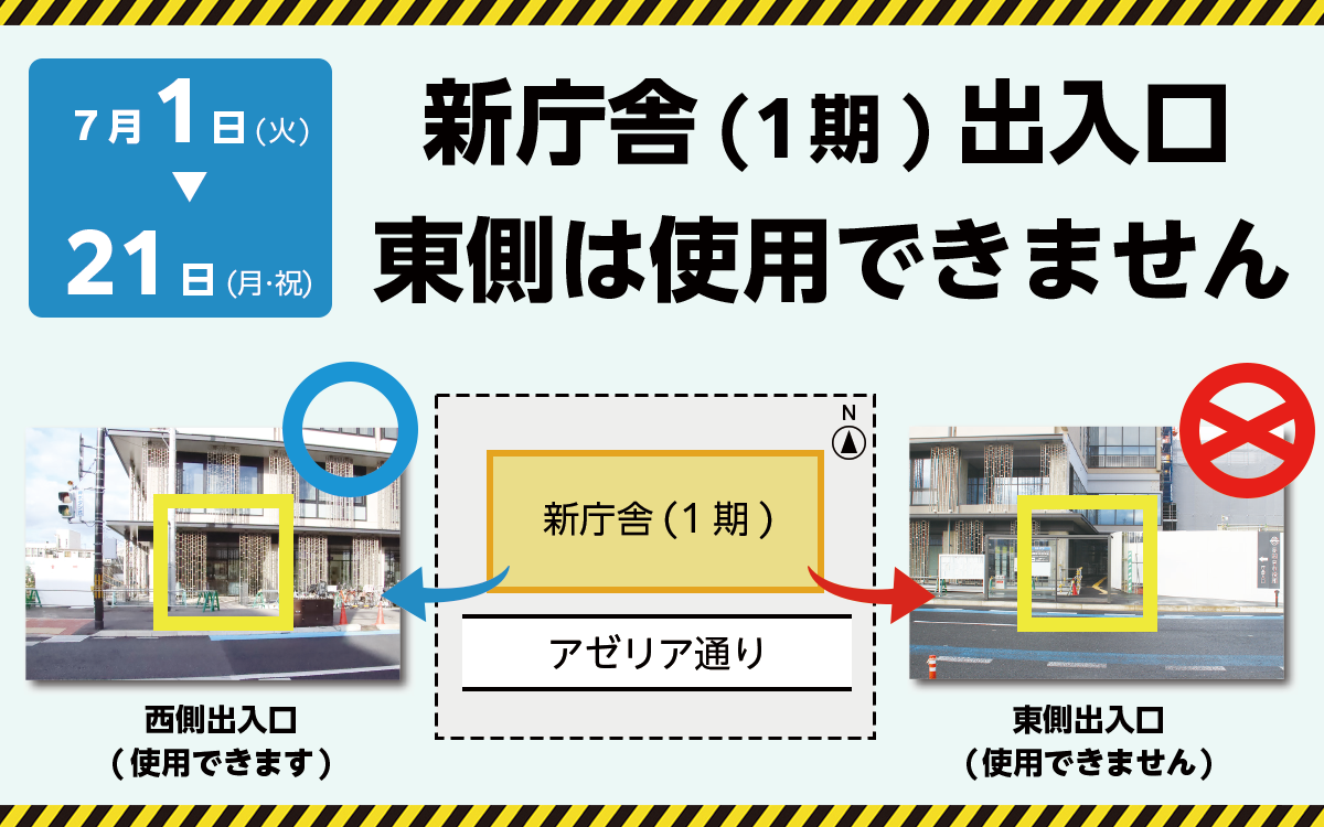 新庁舎東側出入口を使用できない期間があることを伝える画像